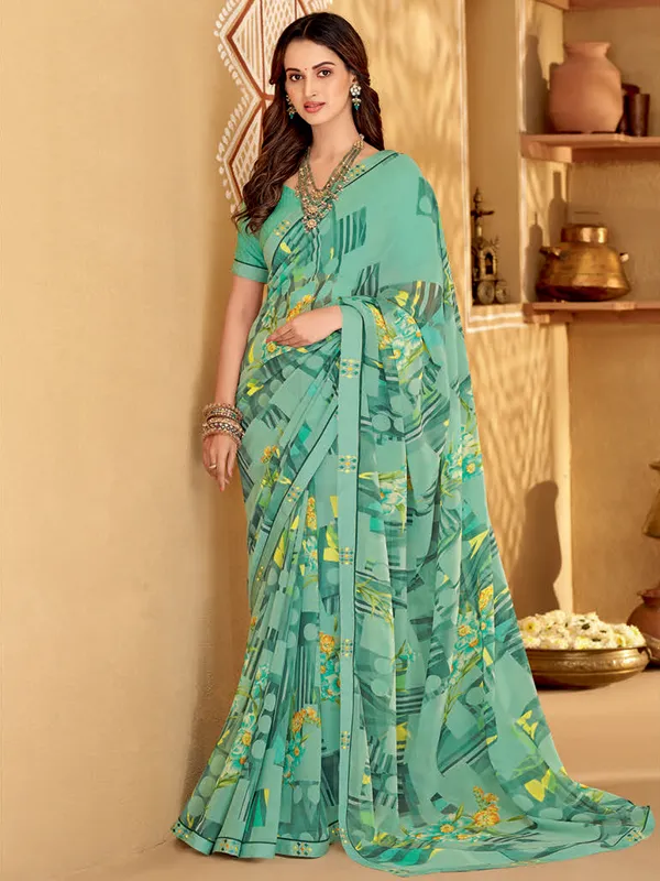 Sea green printed saree in georgette