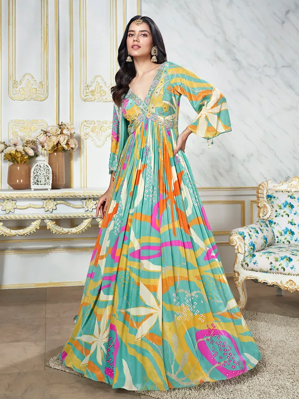 Sea green printed silk anarkali suit