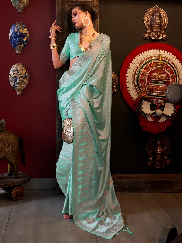 Sea green satin zari weaving saree