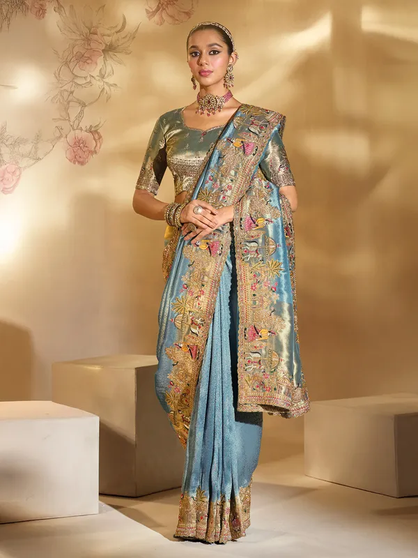 Sea green silk saree with resham work