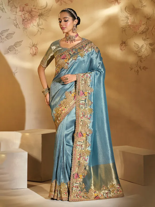 Sea green silk saree with resham work