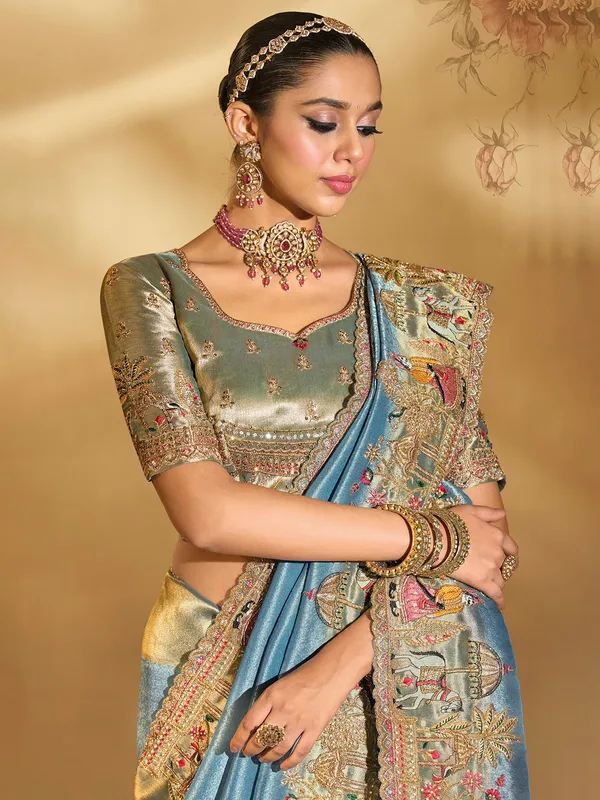 Sea green silk saree with resham work