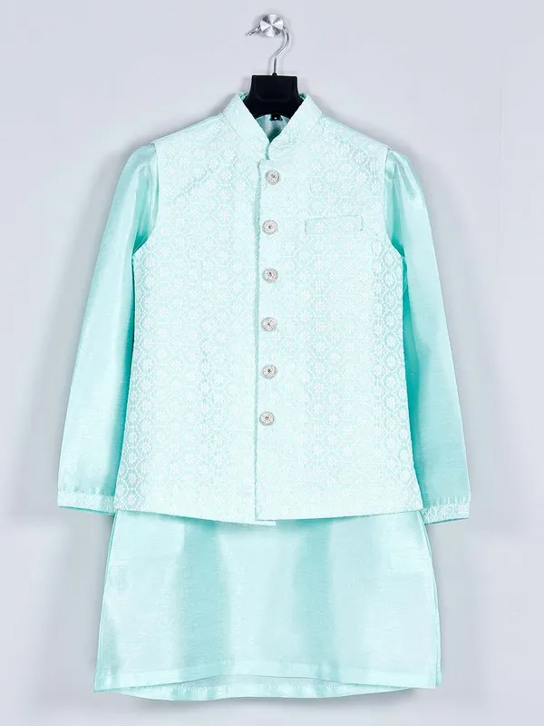 Sea green silk boys waistcoat kurta for parties