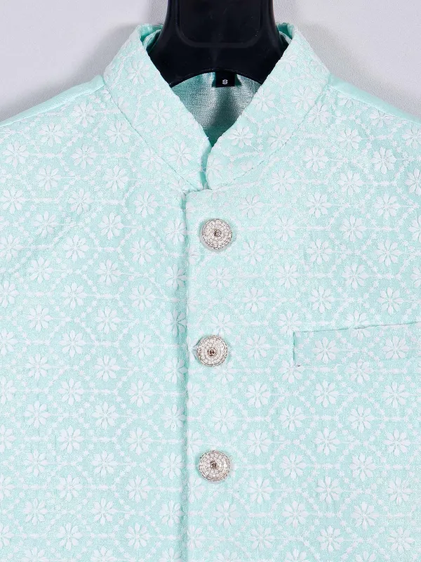 Sea green silk boys waistcoat kurta for parties