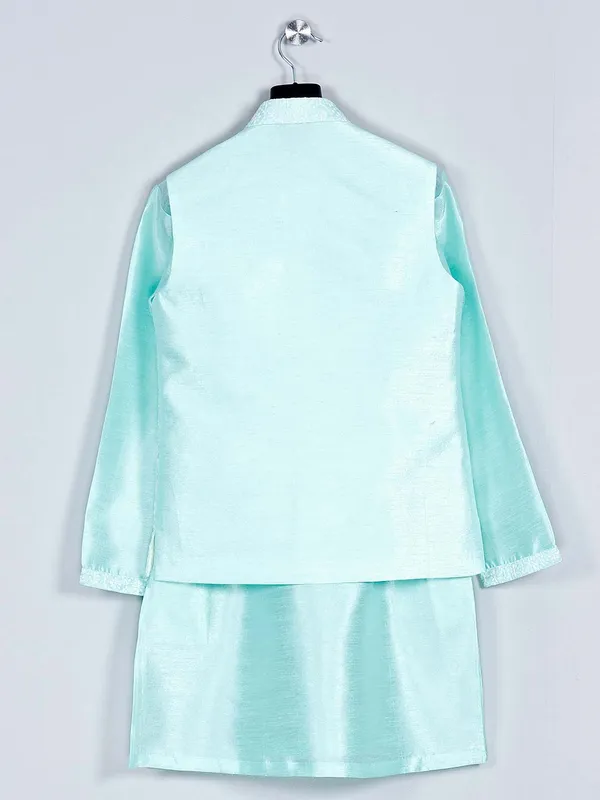 Sea green silk boys waistcoat kurta for parties