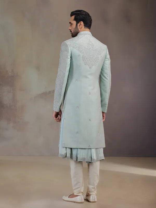 Sea green silk groom sherwani with dupatta
