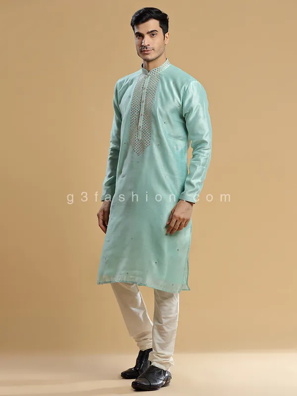 Sea green silk kurta suit for festive look
