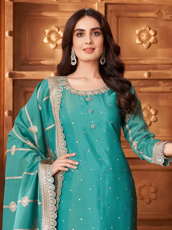 Sea green silk pakistani salwar suit