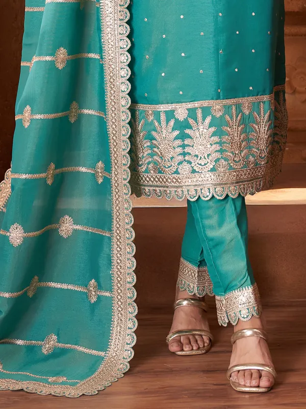 Sea green silk pakistani salwar suit