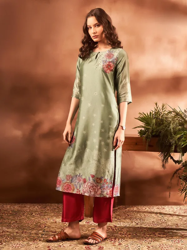 Sea green silk printed kurti with pant