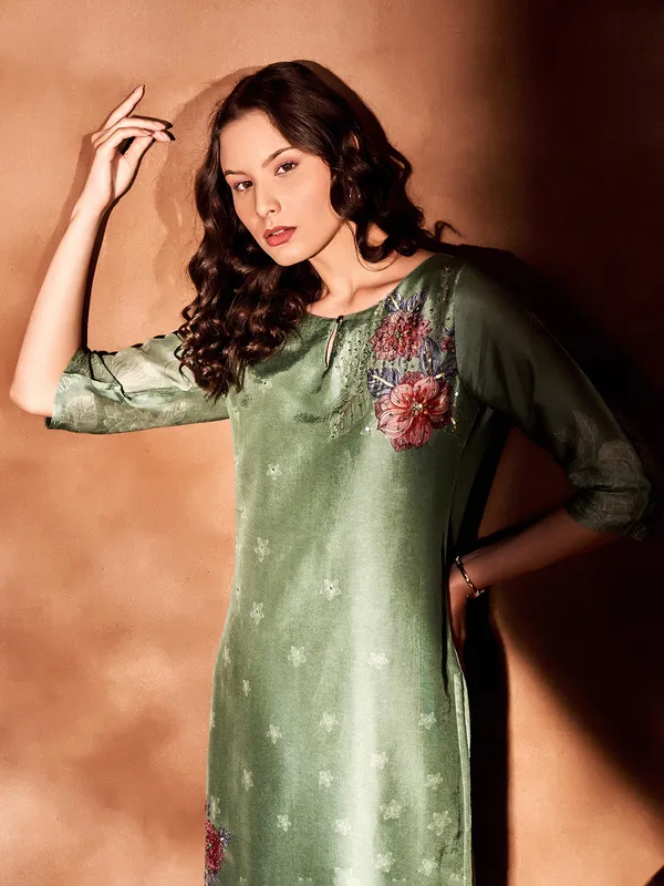 Sea green silk printed kurti with pant