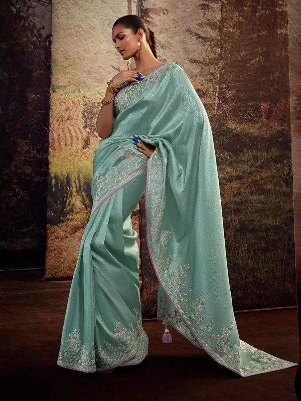 Sea green silk zari work saree
