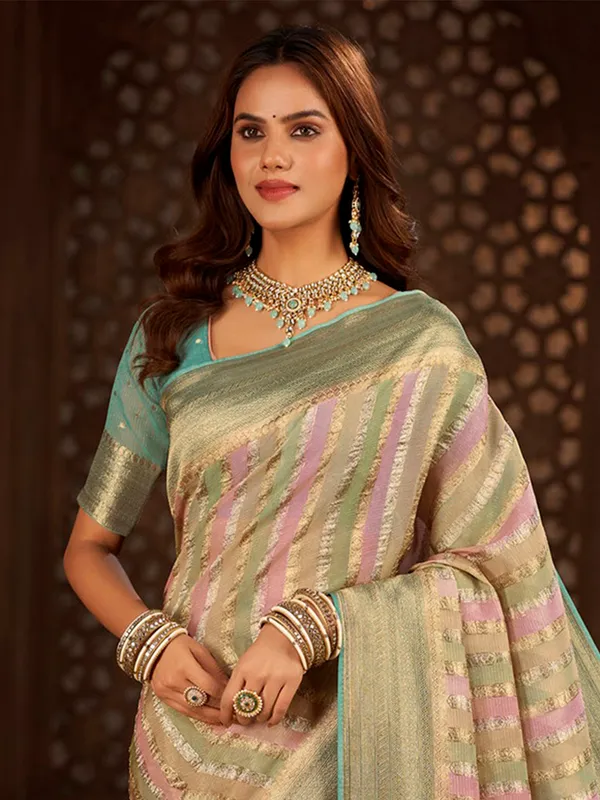 Sea green stripe georgette saree
