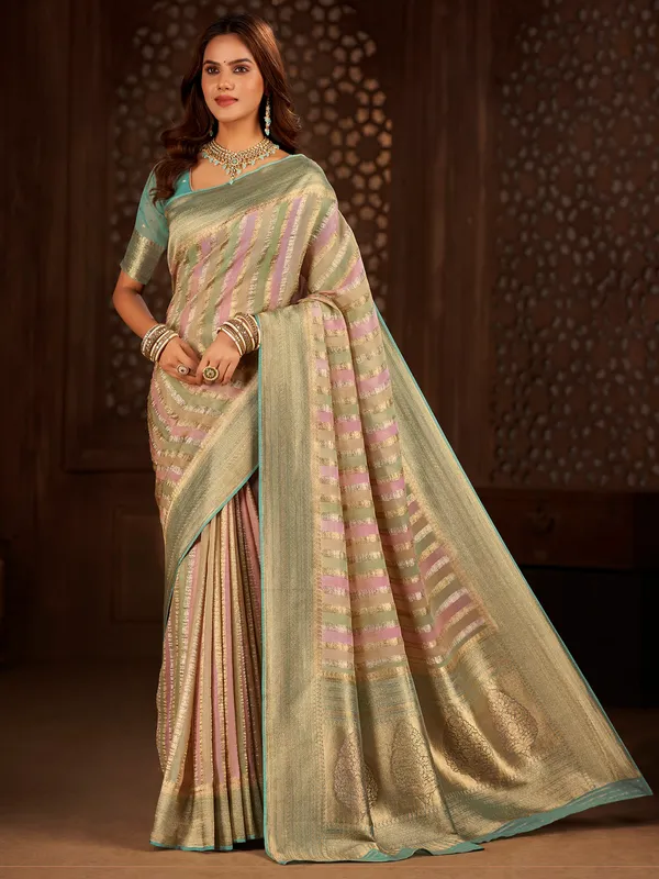 Sea green stripe georgette saree