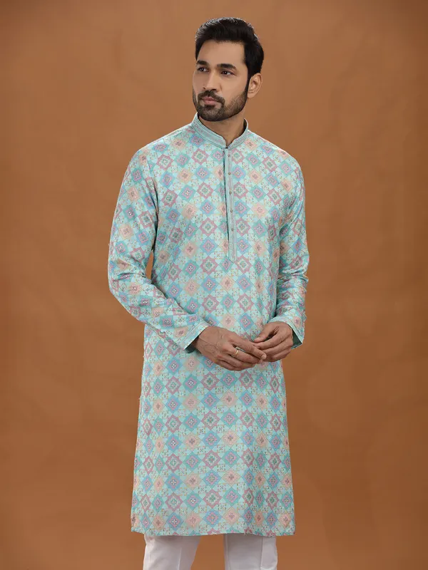Sea green viscose embroidered kurta suit style