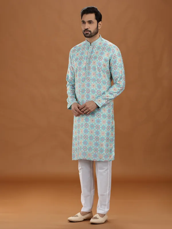 Sea green viscose embroidered kurta suit style
