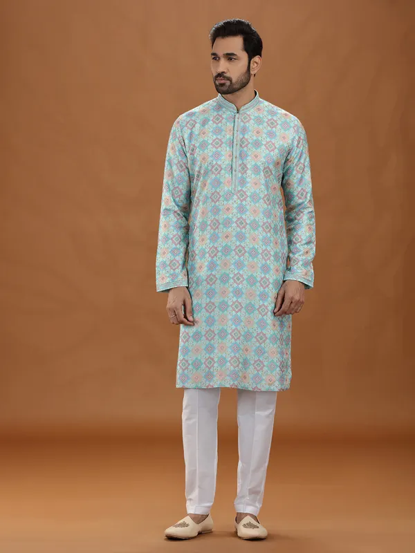 Sea green viscose embroidered kurta suit style
