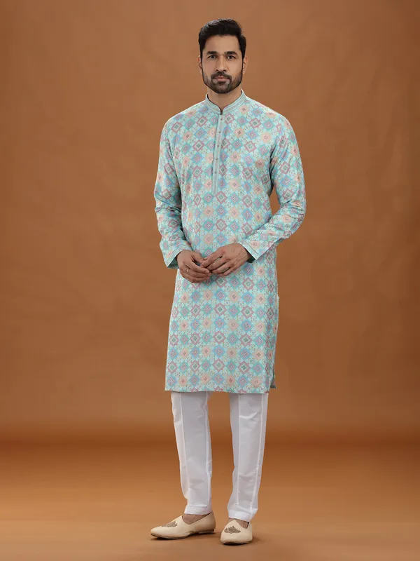 Sea green viscose embroidered kurta suit style