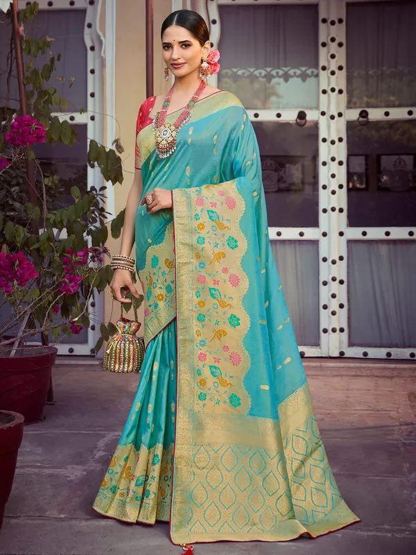 Self weaving aqua silk saree