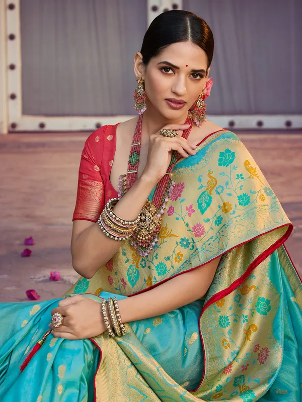 Self weaving aqua silk saree