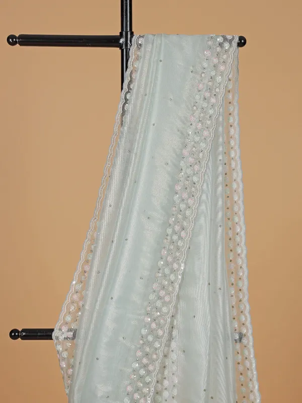Sequin worked mint green organza saree