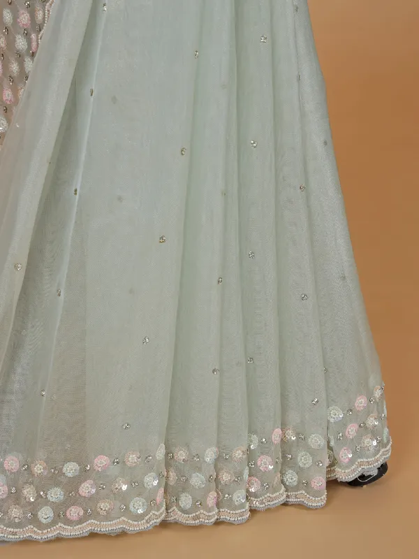 Sequin worked mint green organza saree