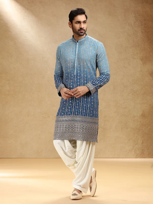 Shaded blue georgette men festive kurta pajama