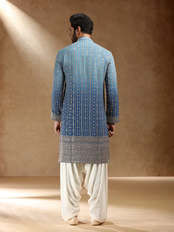 Shaded blue georgette men festive kurta pajama
