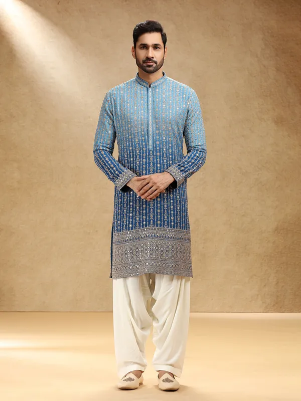 Shaded blue georgette men festive kurta pajama