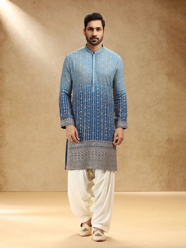 Shaded blue georgette men festive kurta pajama