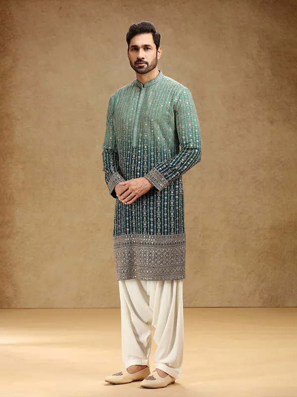 Shaded green georgette festive kurta salwar suit for men