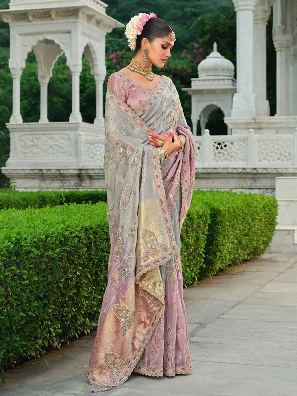 Shaded grey khatli satin silk saree