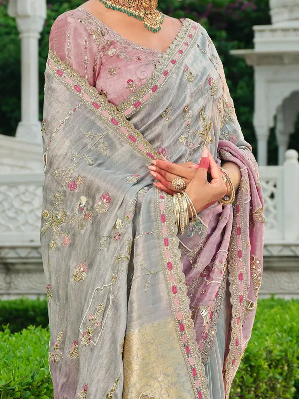 Shaded grey khatli satin silk saree