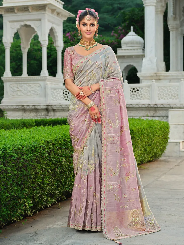 Shaded grey khatli satin silk saree