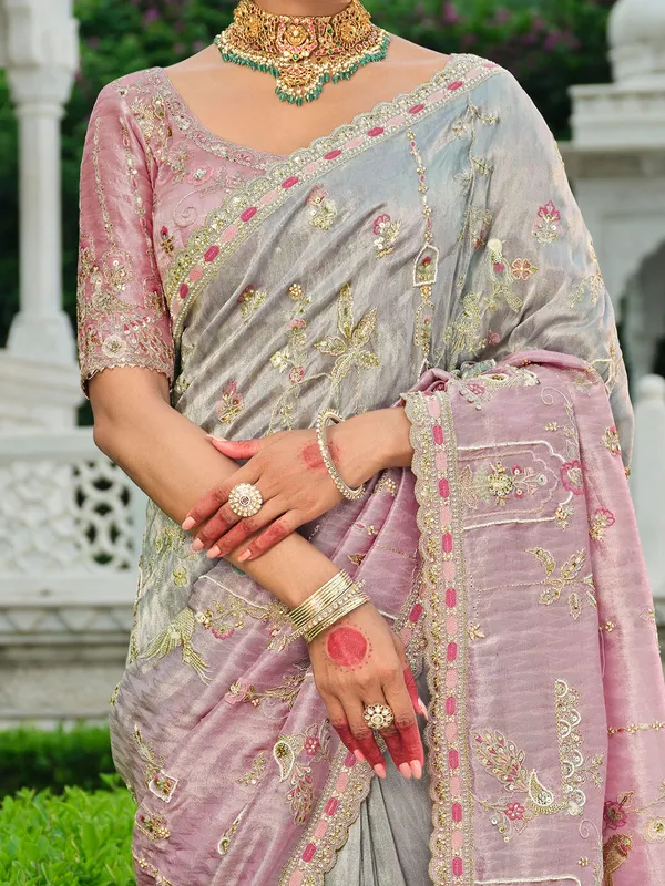 Shaded grey khatli satin silk saree