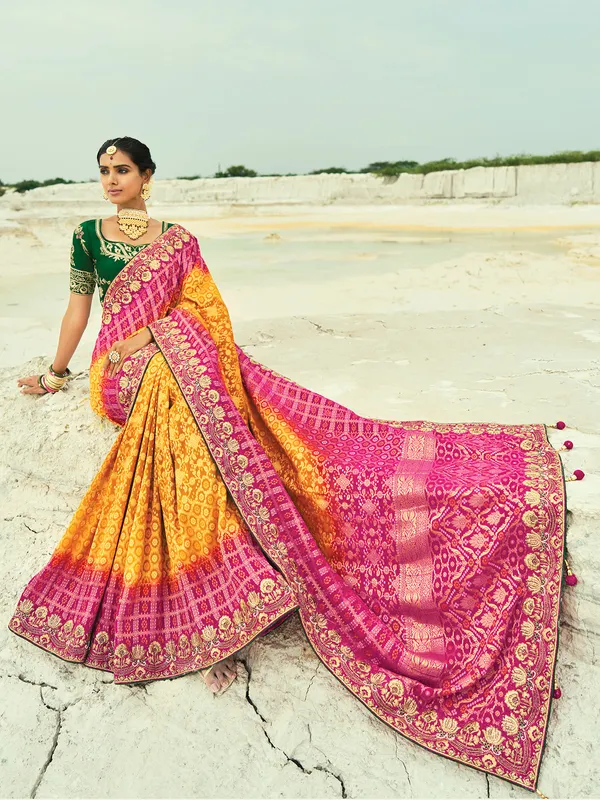 Shaded mustard yellow and rani bandhej saree