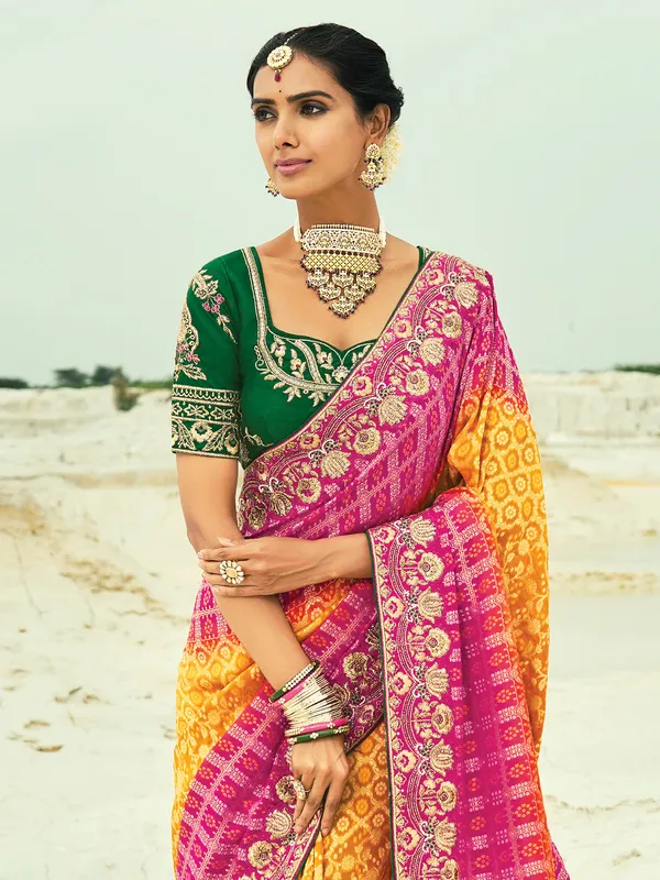 Shaded mustard yellow and rani bandhej saree