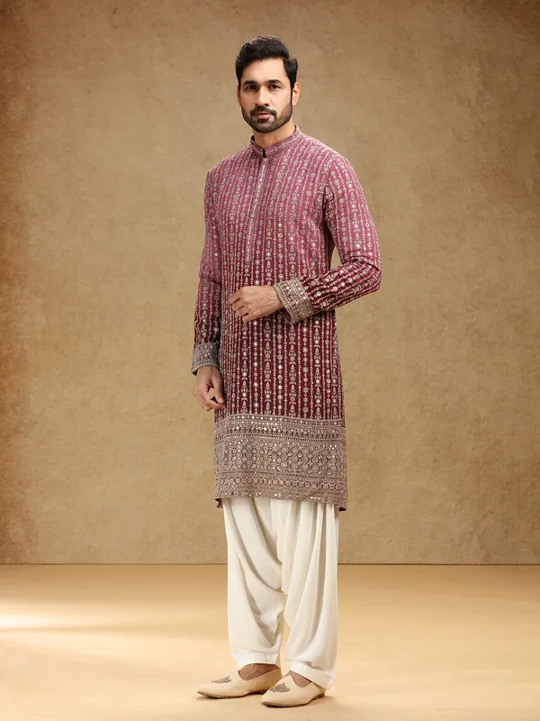 Shaded wine georgette festive kurta pajama for men