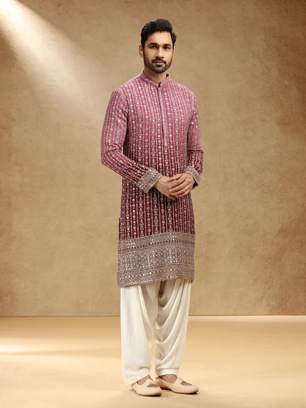 Shaded wine georgette festive kurta pajama for men