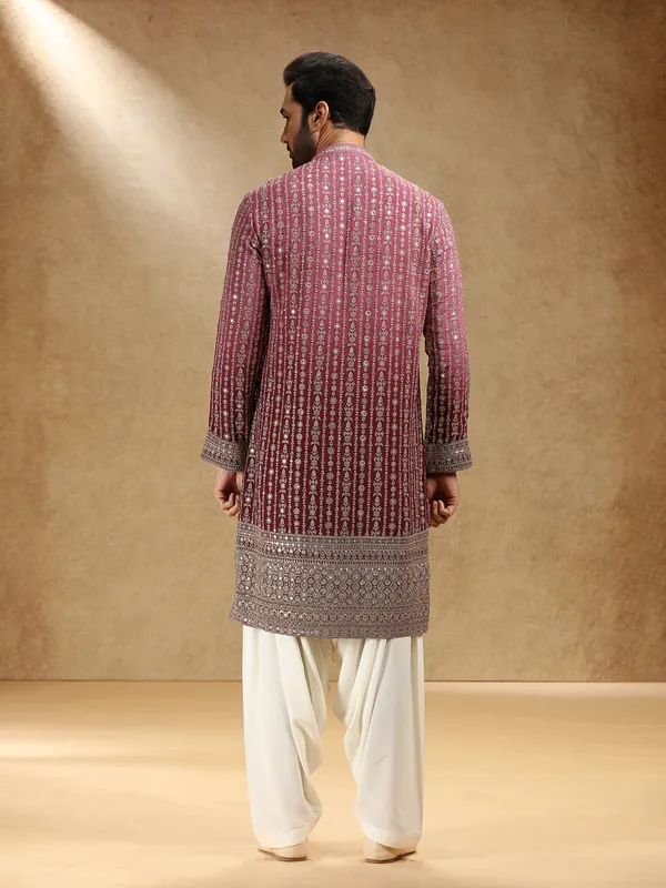 Shaded wine georgette festive kurta pajama for men