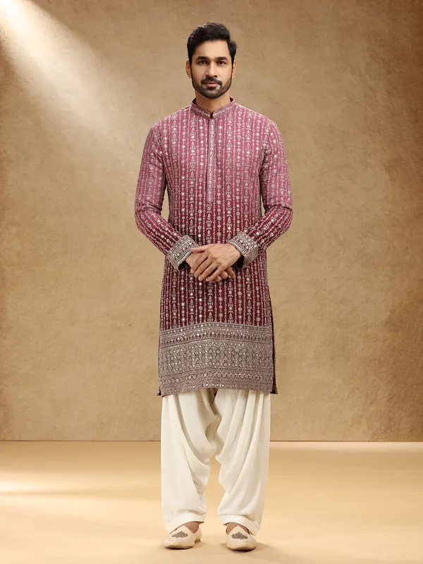 Shaded wine georgette festive kurta pajama for men