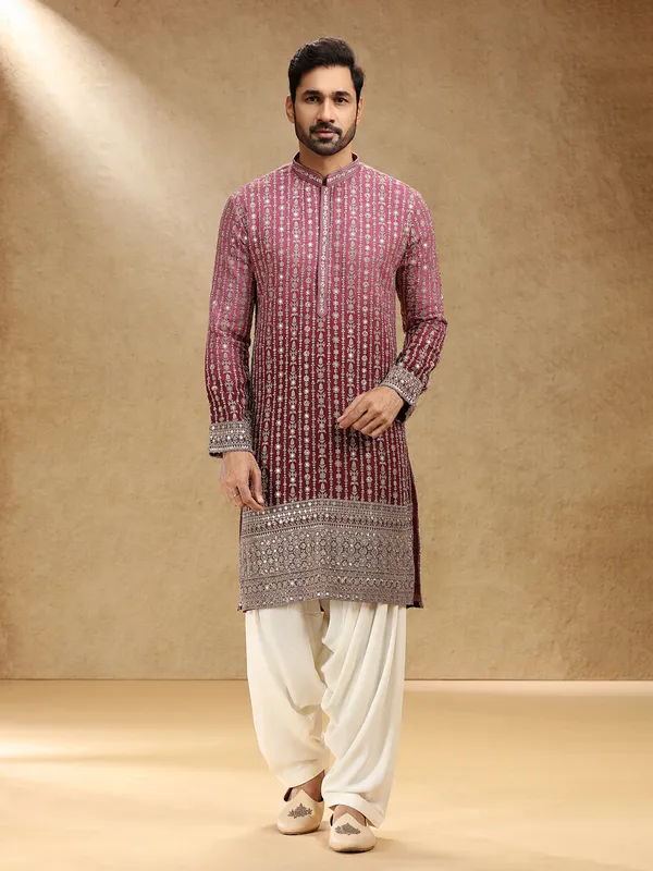 Shaded wine georgette festive kurta pajama for men