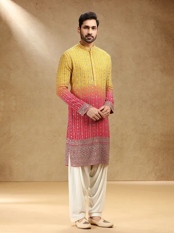 Shaded yellow and pink georgette kurta pajama for men