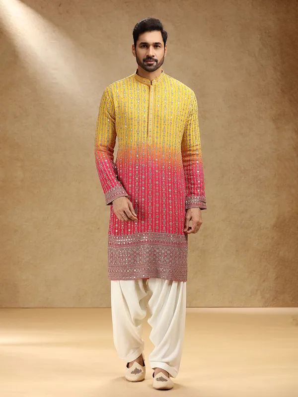 Shaded yellow and pink georgette kurta pajama for men