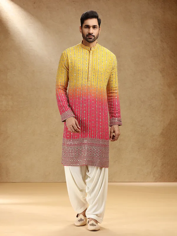 Shaded yellow and pink georgette kurta pajama for men