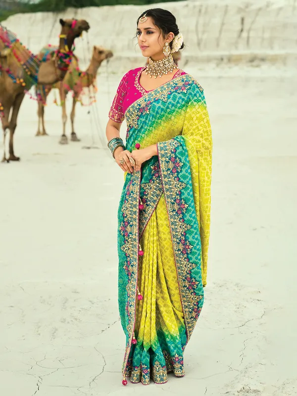 Shaded yellow and rama green bandhej georgette saree