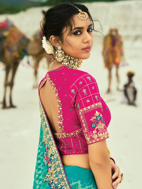 Shaded yellow and rama green bandhej georgette saree