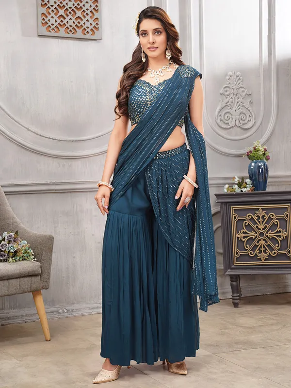 Sharara suit in dark blue with drape dupatta