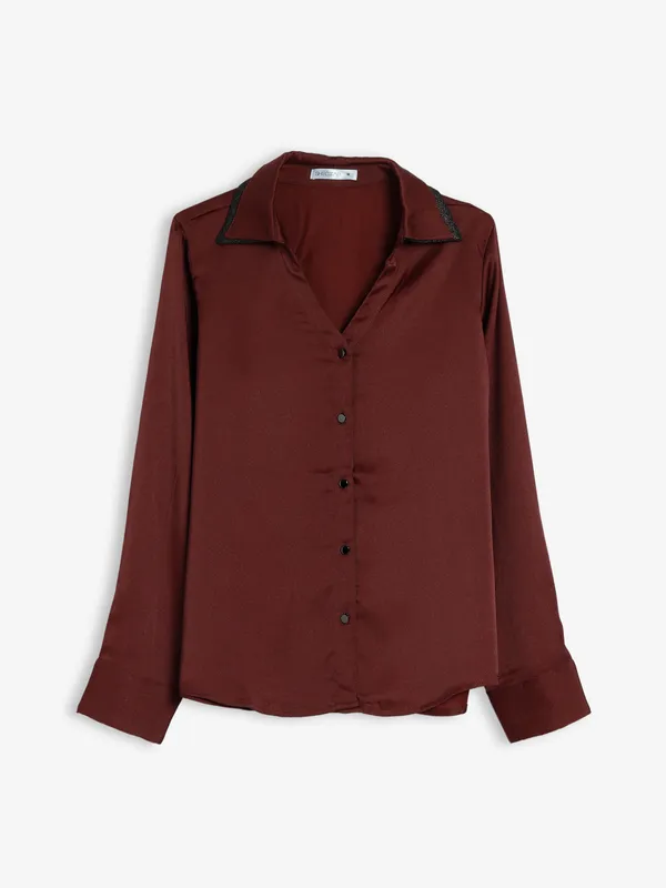 Sheczzar maroon plain satin shirt