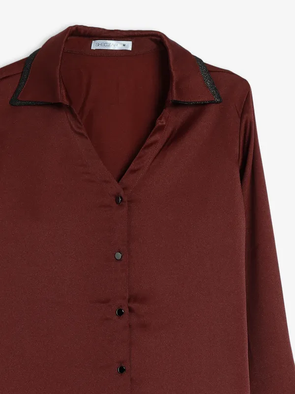 Sheczzar maroon plain satin shirt